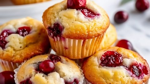 Muffins with cranberries and lemons arranged in a white plate.