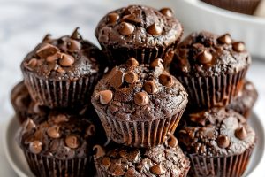 A bunch of chocolate muffins stack on a plate.