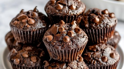 A bunch of chocolate muffins stack on a plate.