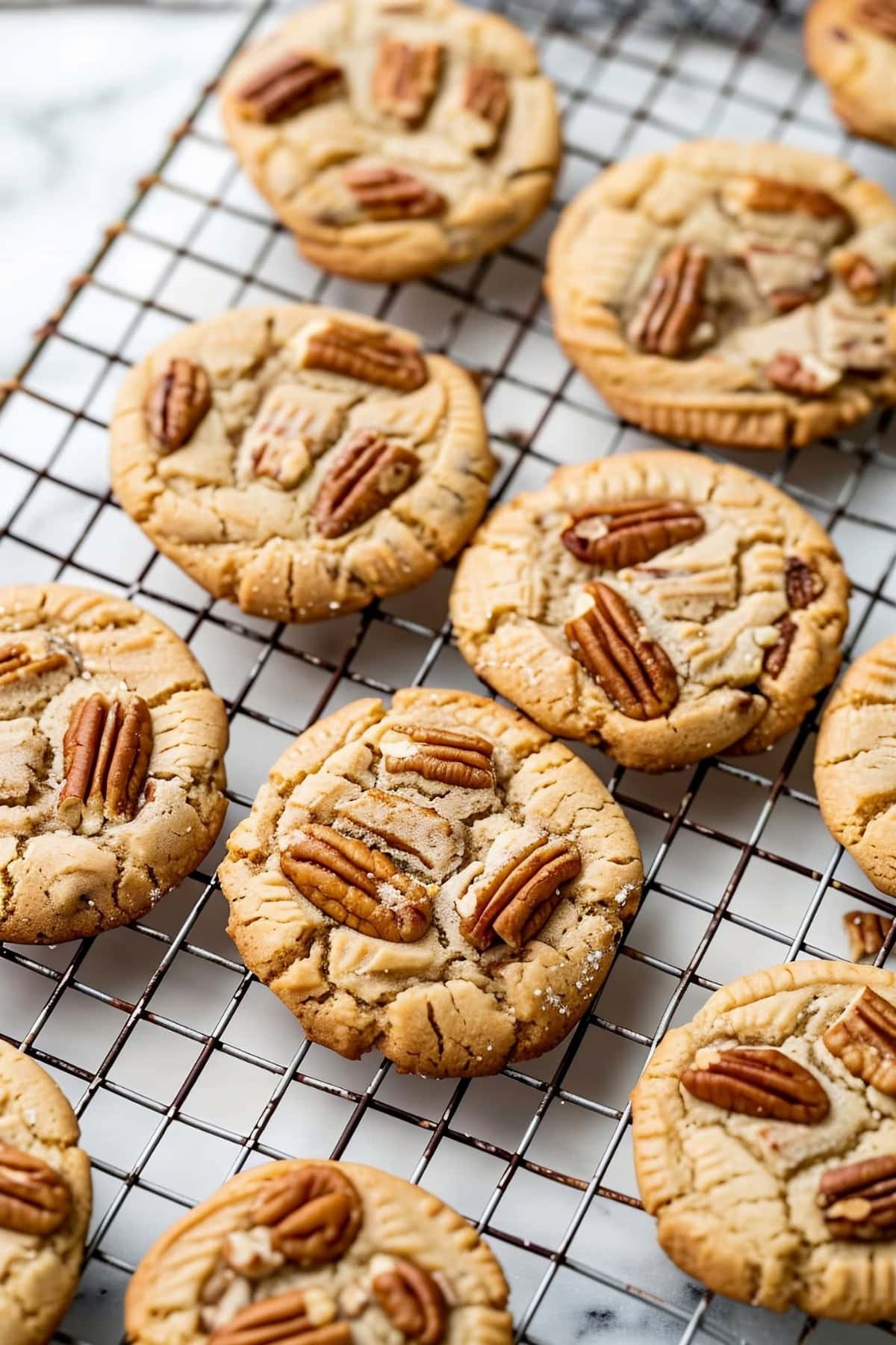 Buttery cookies with pecan nuts in a cooling rack