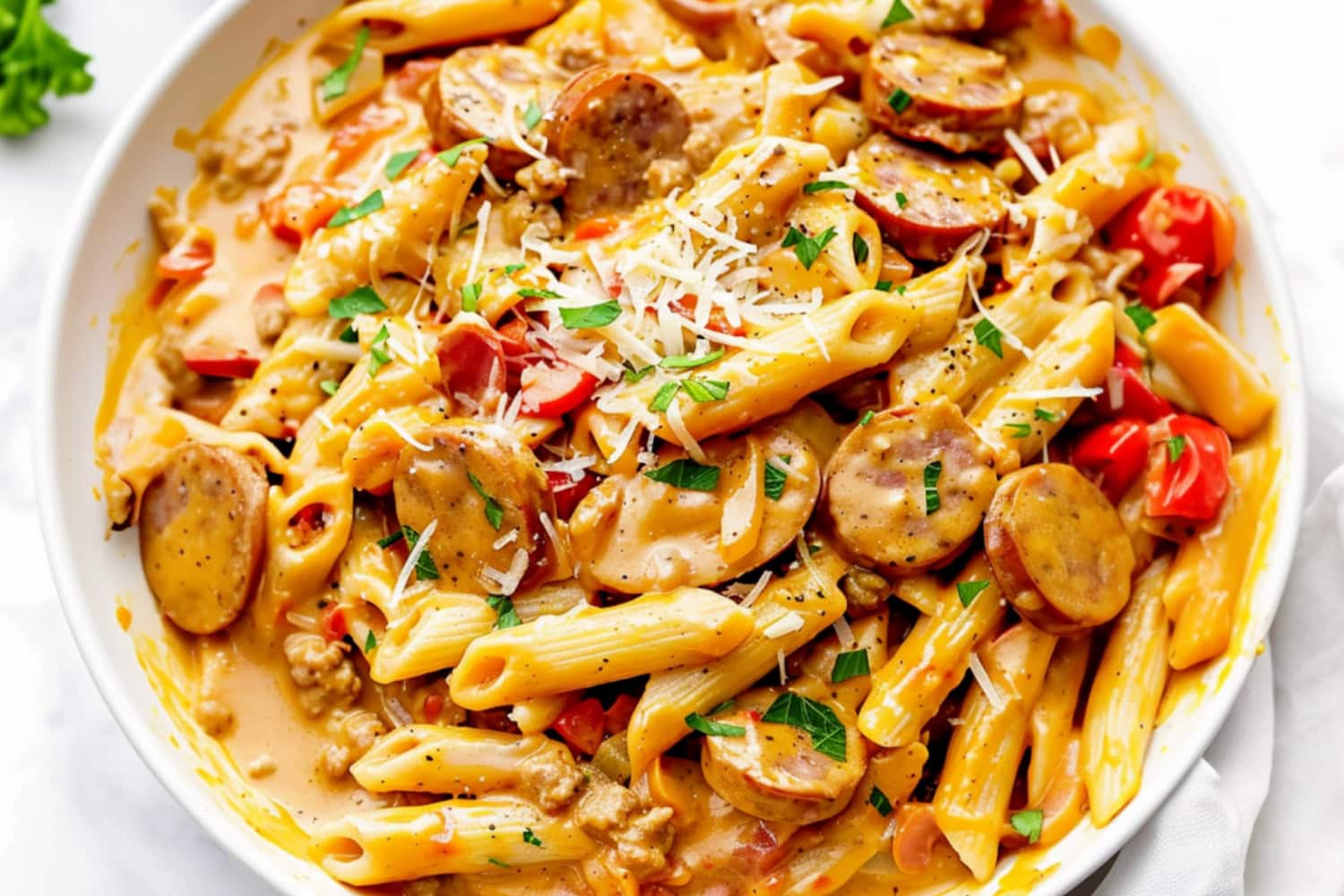 Serving of creamy cajun pasta with sliced sausage served on a white plate.