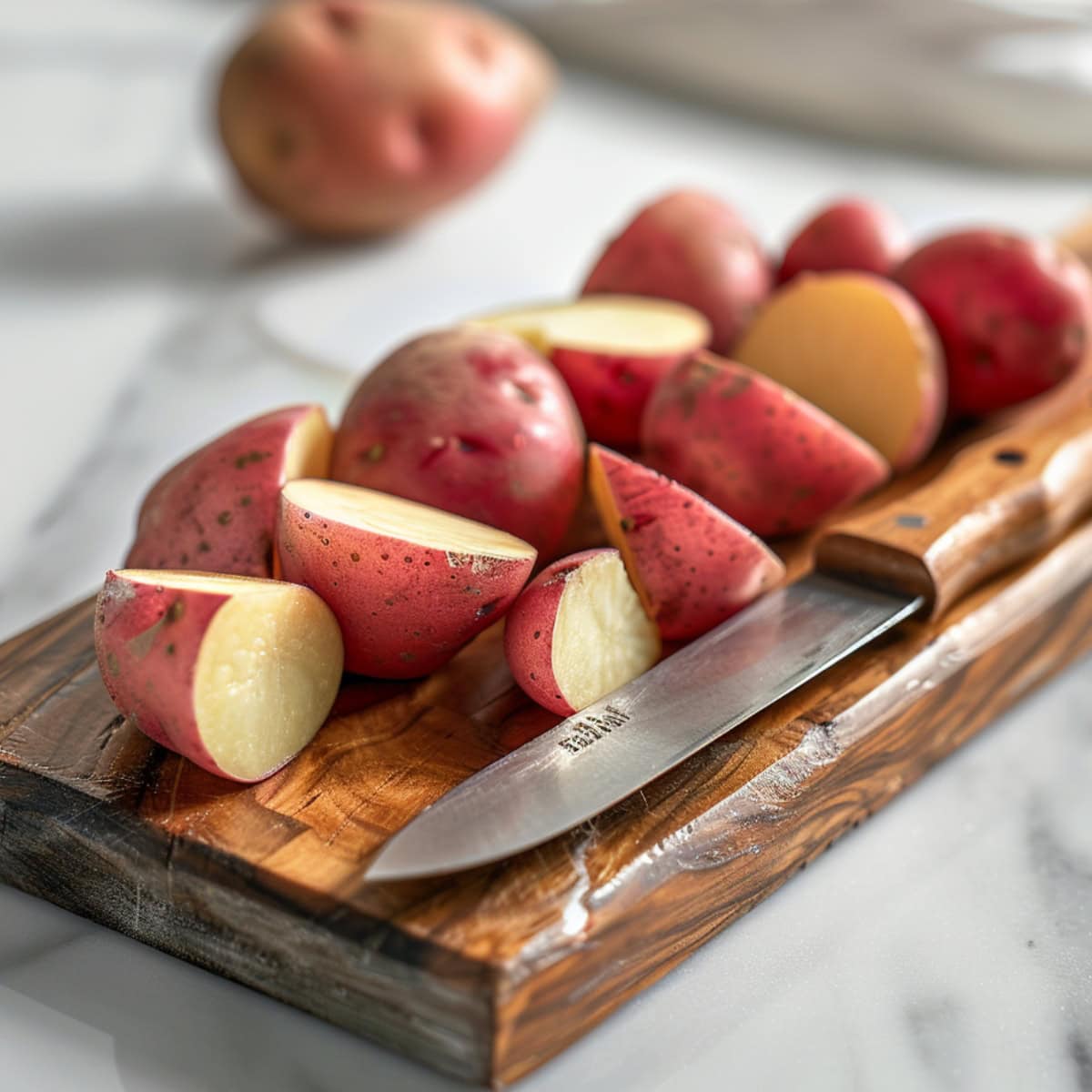 Sliced red potatoes on a wooden board.