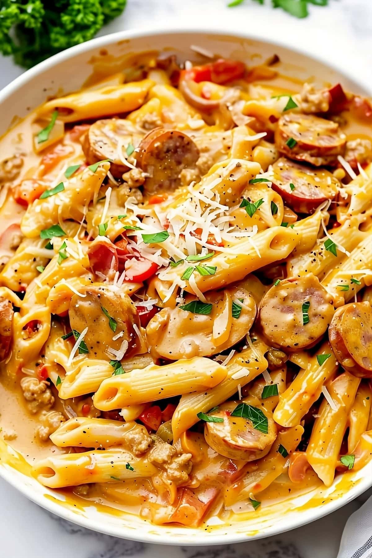 Cajun sausage pasta with creamy sauce and sliced sausage served in a white plate.