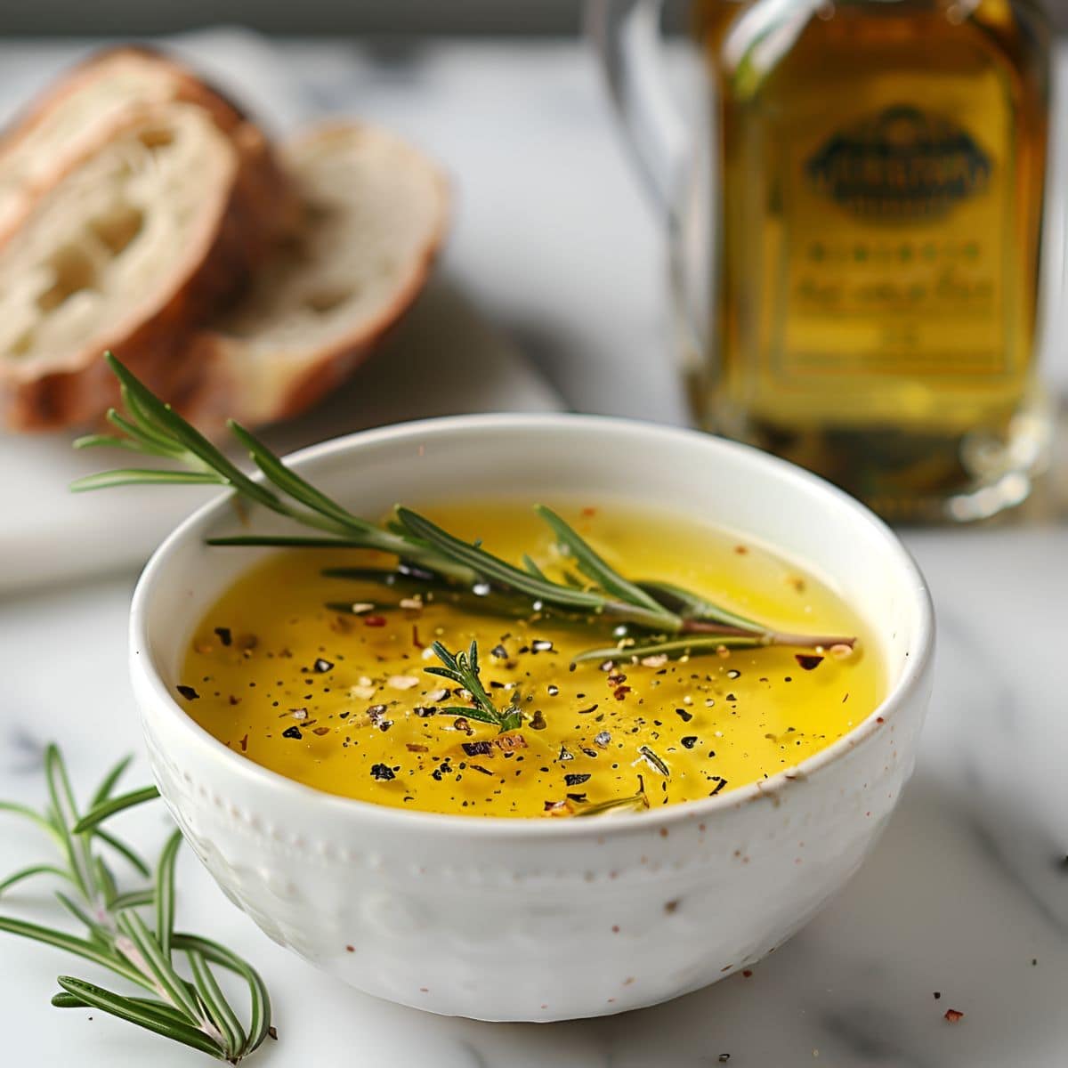 Carrabba's Bread Dip with Olive Oil, Pepper, Rosemary, and Seasonings in a White Bowl on a White Marble Table with Bread and a Bottle of Olive Oil in the Background