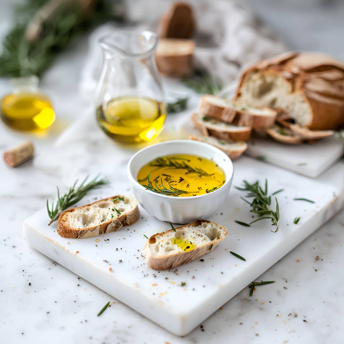 Carrabba's Bread Dip in a White Bowl with Seasonings and Rosemary on a White Cutting Board with Crusty Bread on a White Marble Table with More Bread in the Background