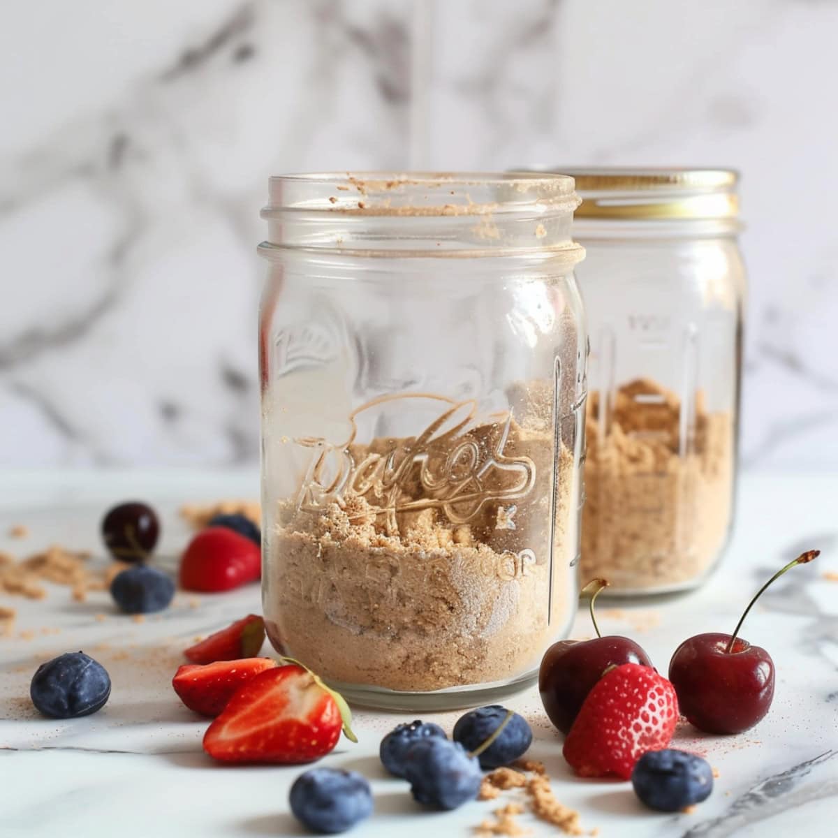 Two jars with crushed grahams and fresh berries on top of marble countertop.