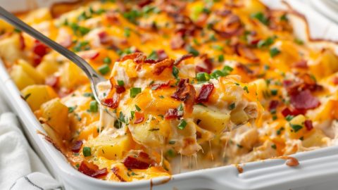 Spoon lifting a serving of cheesy chicken and potato casserole from baking dish.