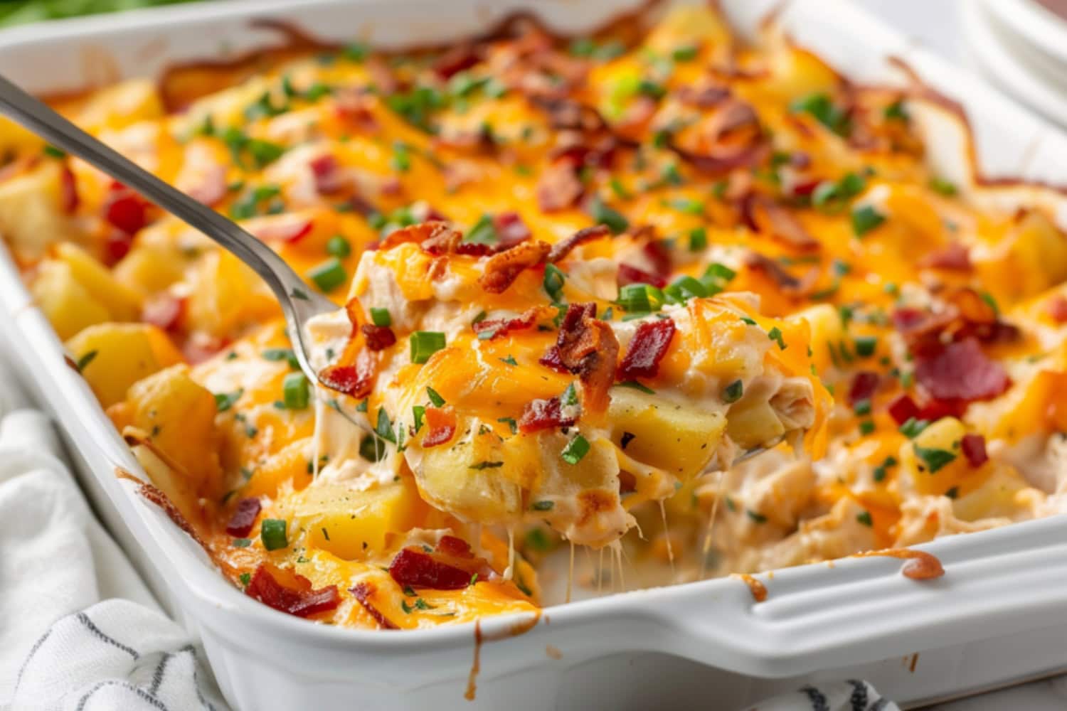 Spoon lifting a serving of cheesy chicken and potato casserole from baking dish.