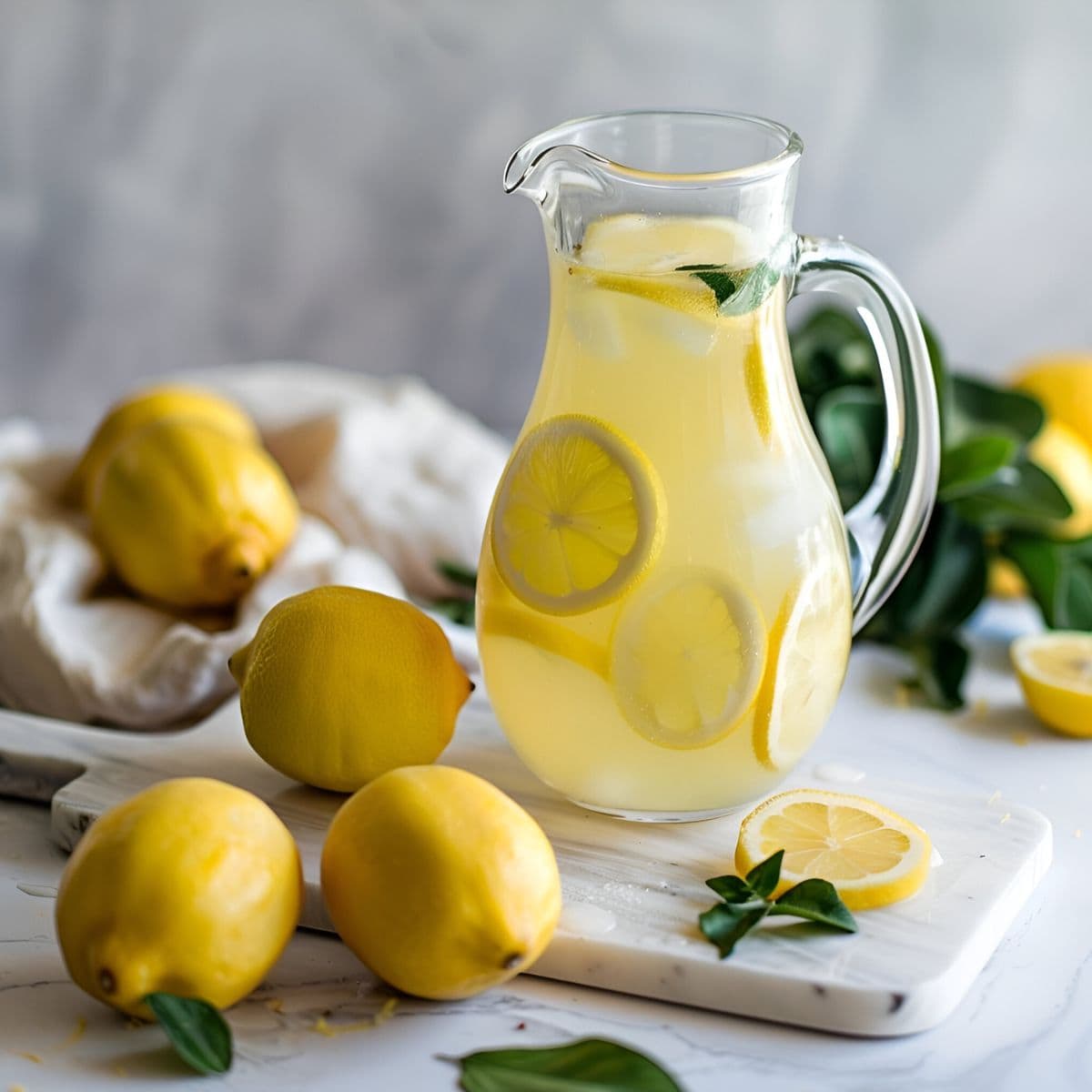 Chick-Fil-A Lemonade in a Pitcher with Lemon Slices on a Cutting Board on a White Marble Table with a Kitchen Towel and Whole Lemons All Around