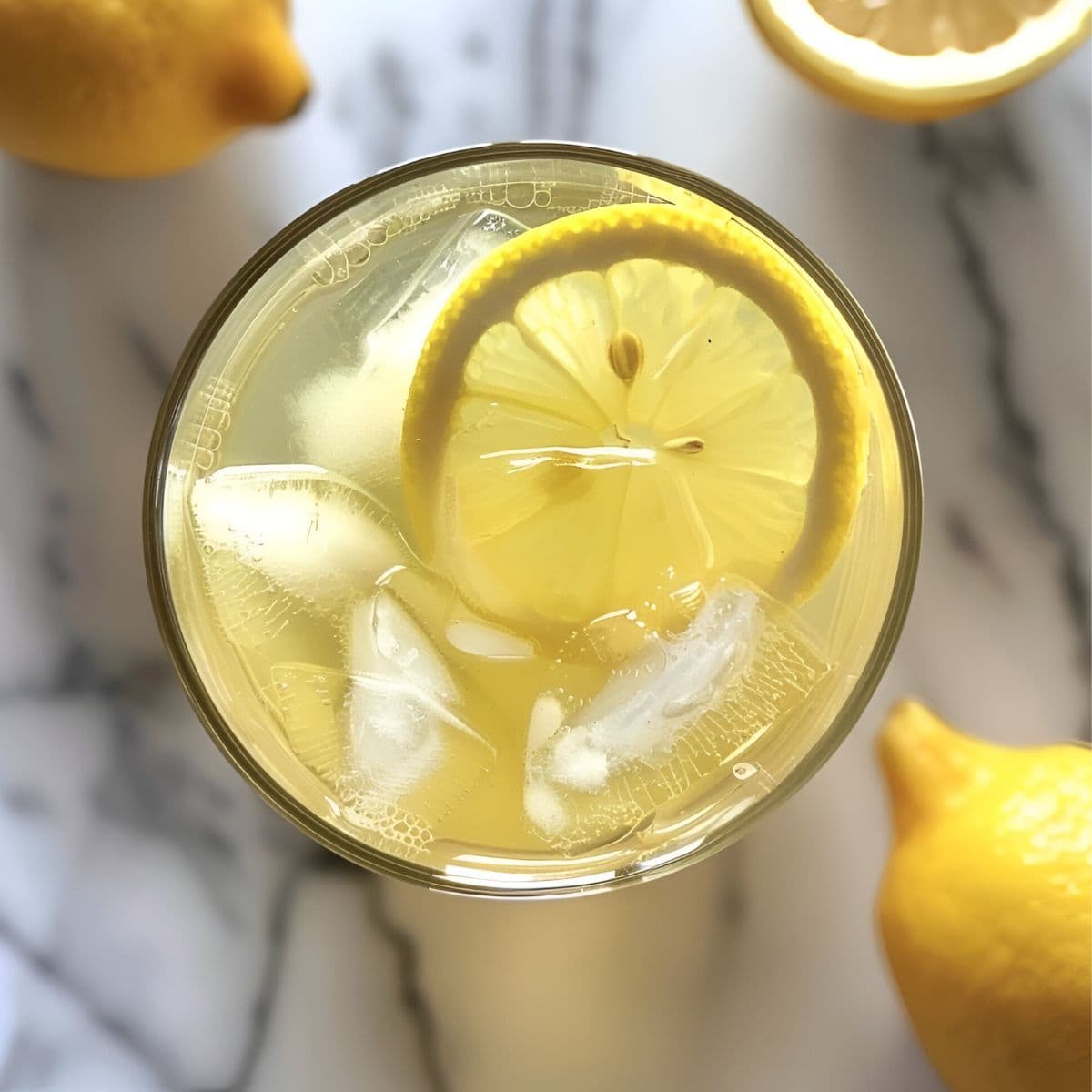 Top View Chick-Fil-A Lemonade in a Glass with Ice and Lemon Slice on a White Marble Table with Fresh Lemons Around