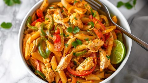 Easy one-pot chicken fajita pasta with bell peppers, cilantro and lime