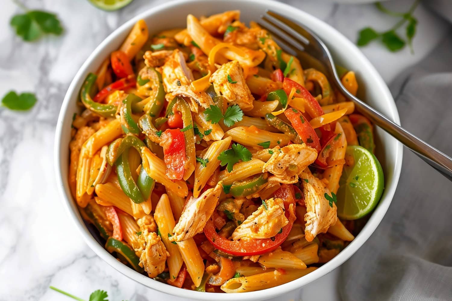 Easy one-pot chicken fajita pasta with bell peppers, cilantro and lime
