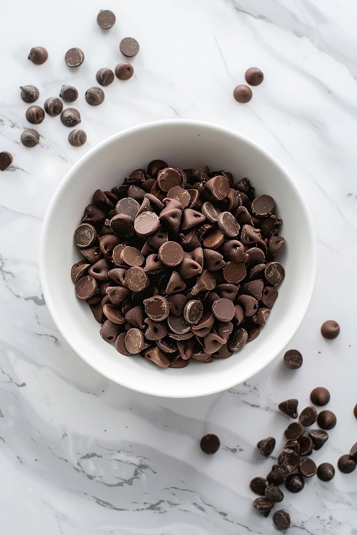 Mini chocolate chips in a white bowl.