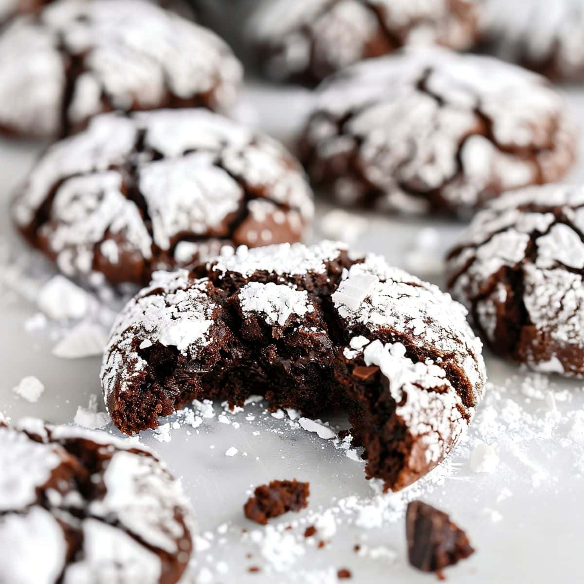 Close Up of Fudgy Chocolate Crinkle Cookie Missing a Bite