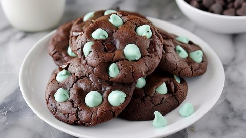 A plate of cookies with green and brown chips served with milk on a white marble countertop.