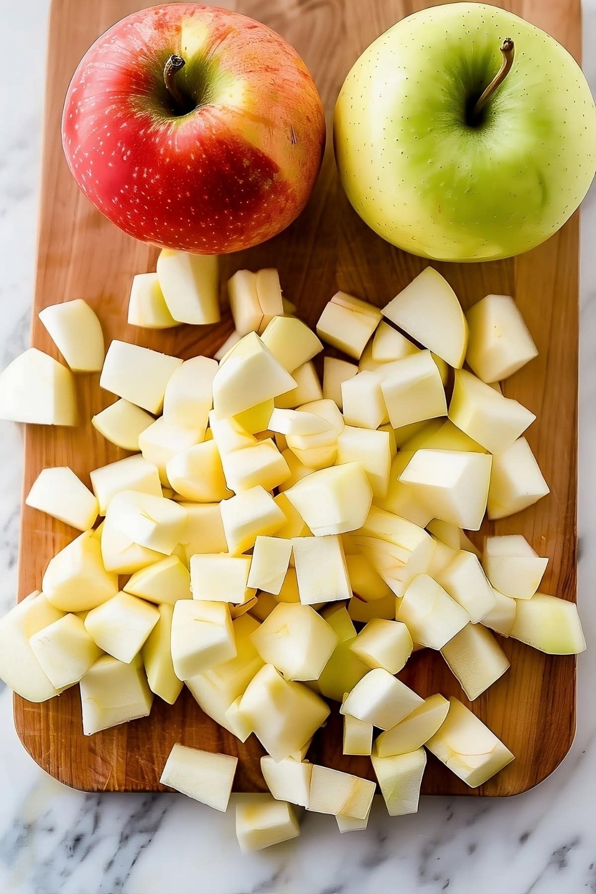 Chopped apples in a wooden board with green and red apples.