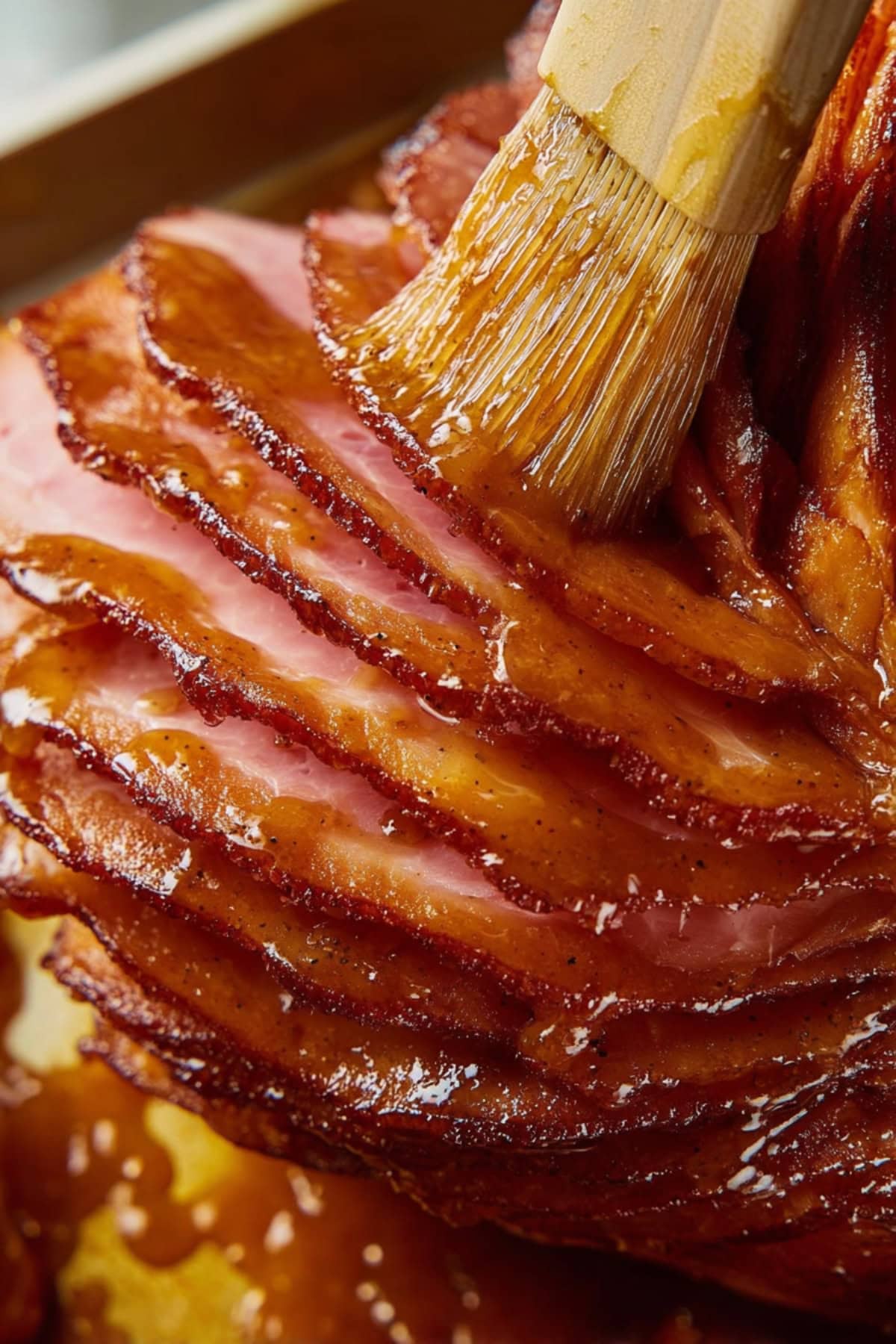 A whole baked ham brushed with sweet Coca-Cola glaze in a roasting pan.