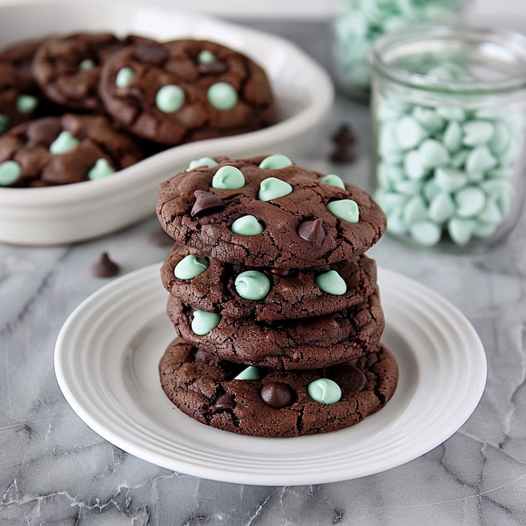 A plate of freshly baked chocolate mint chip cookies, each one featuring a mix of green and brown chips.