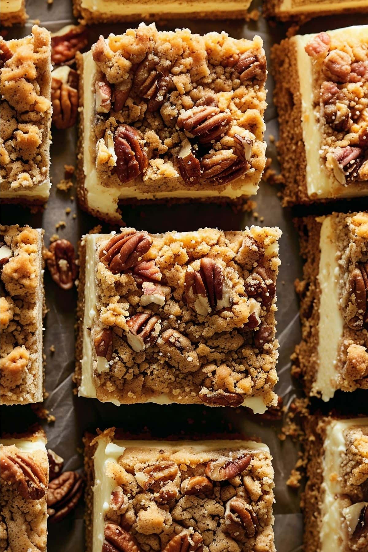 Top View of Squares of Cream Cheese Coffee Cake Bars with Brown Sugar Pecan Crumble