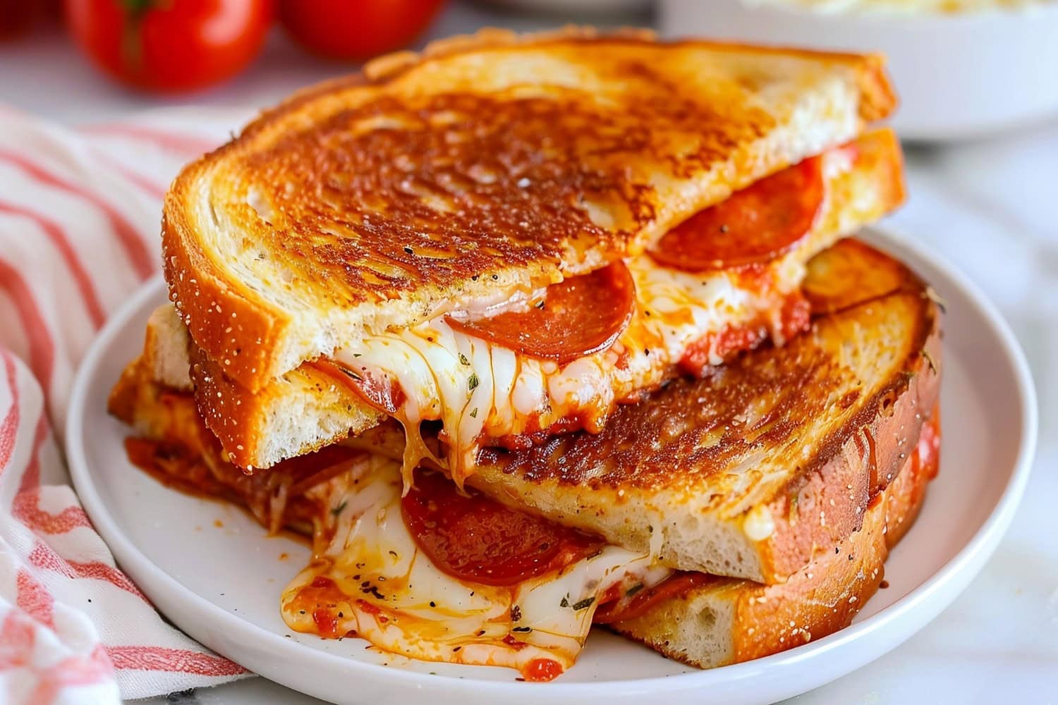 Hot and crispy pizza grilled cheese with pepperoni, mozzarella and marinara sauce