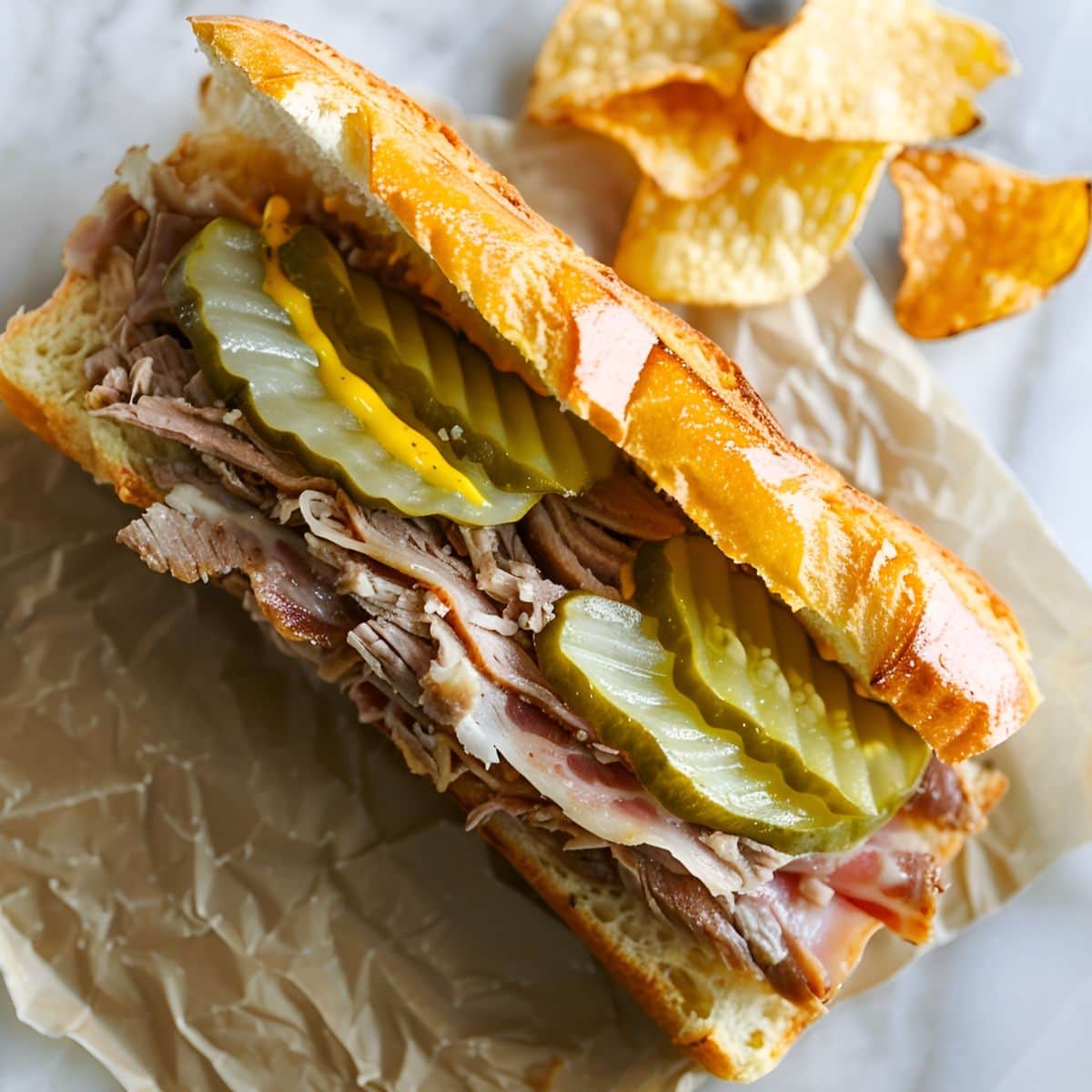 Cuban Sandwich on Ciabatta Hoagie with Ham, Pulled Pork, Cheese, Mustard, and Pickles on Parchment Paper with Kettle Chips