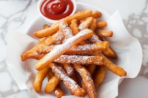 Classic funnel cake fries in a bowl with ketchup and sugar