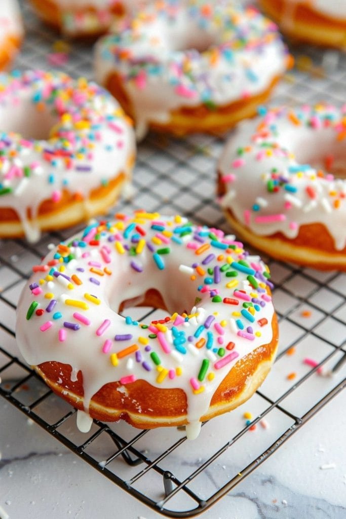 Donuts with sugar glaze and sprinkles on top on a cooling rack.