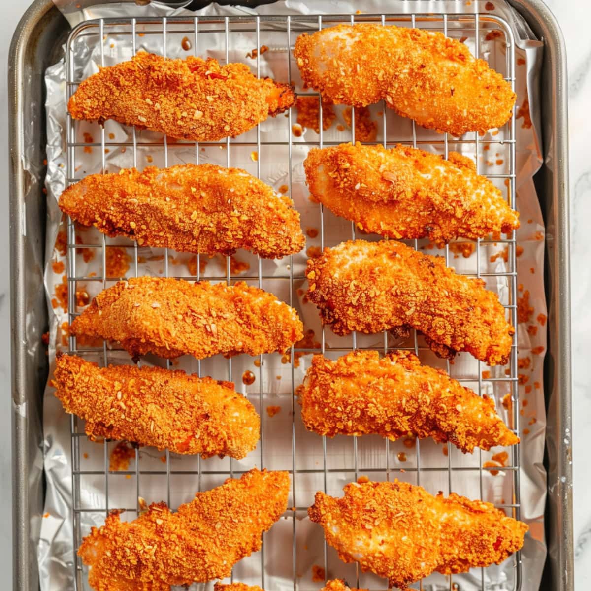 Dorito chicken tenders in a cooling rack with aluminum foil lining.
