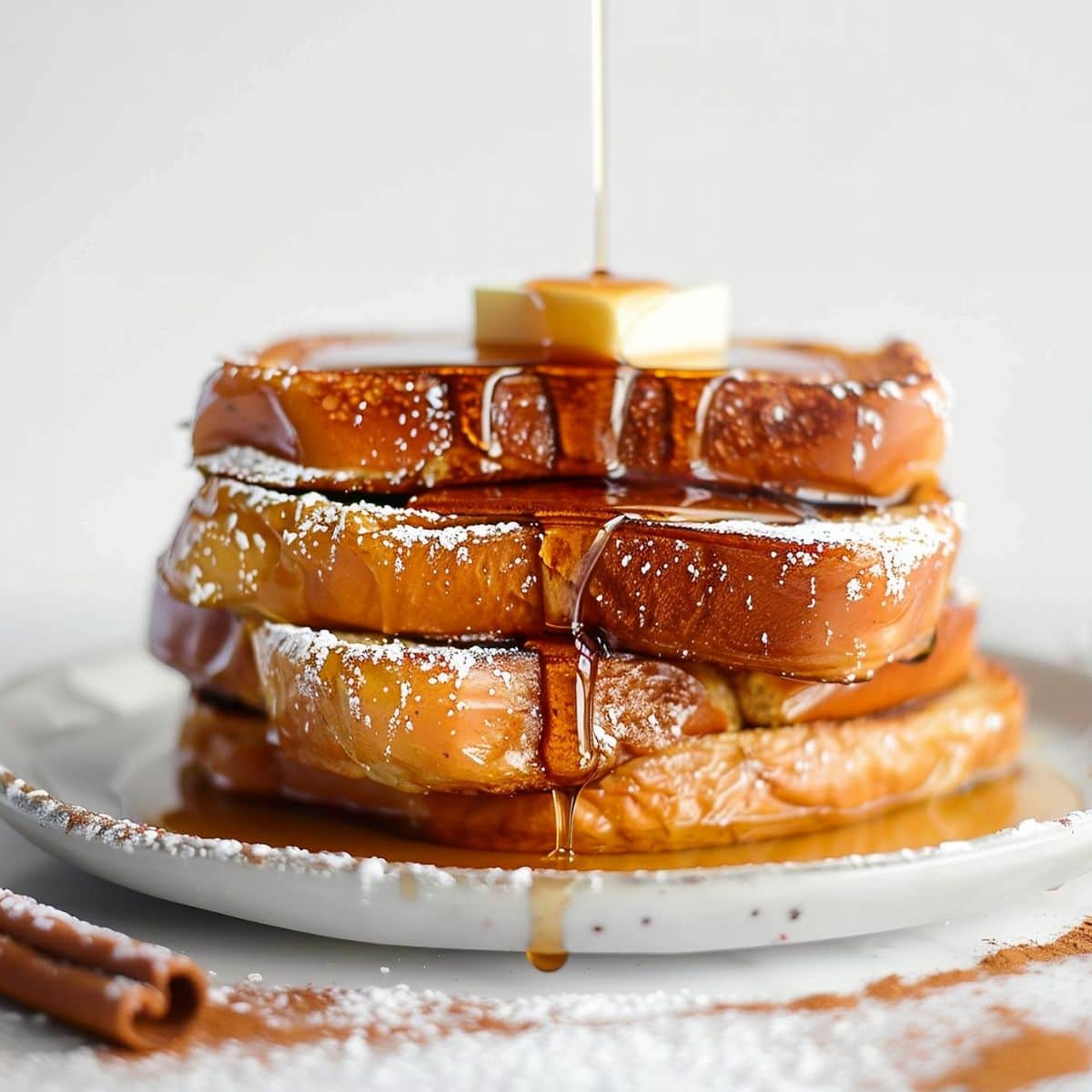 Stack of Eggnog French Toast with Butter, Powdered Sugar, Cinnamon, and Syrup Dripping Down the Stack on a White Plate