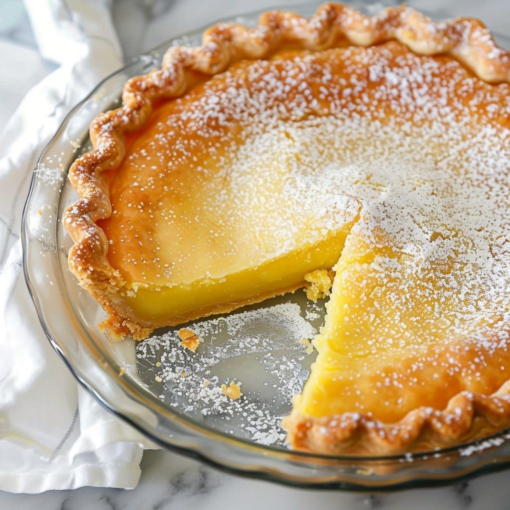 Tangy lemon chess pie, with a flaky crust and a sweet-tart filling