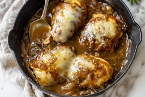 Four French onion chicken skinless breasts in a skillet
