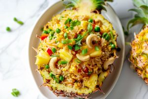 Pineapple rice served in hollow pineapple halves.