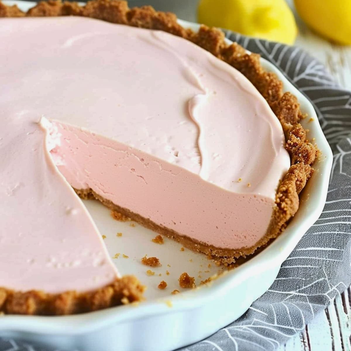Slice missing creamy strawberry lemonade pie in a baking dish with gray cloth.