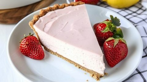 Slice serving of frozen strawberry lemonade pie served in a white plate on a white wooden table.