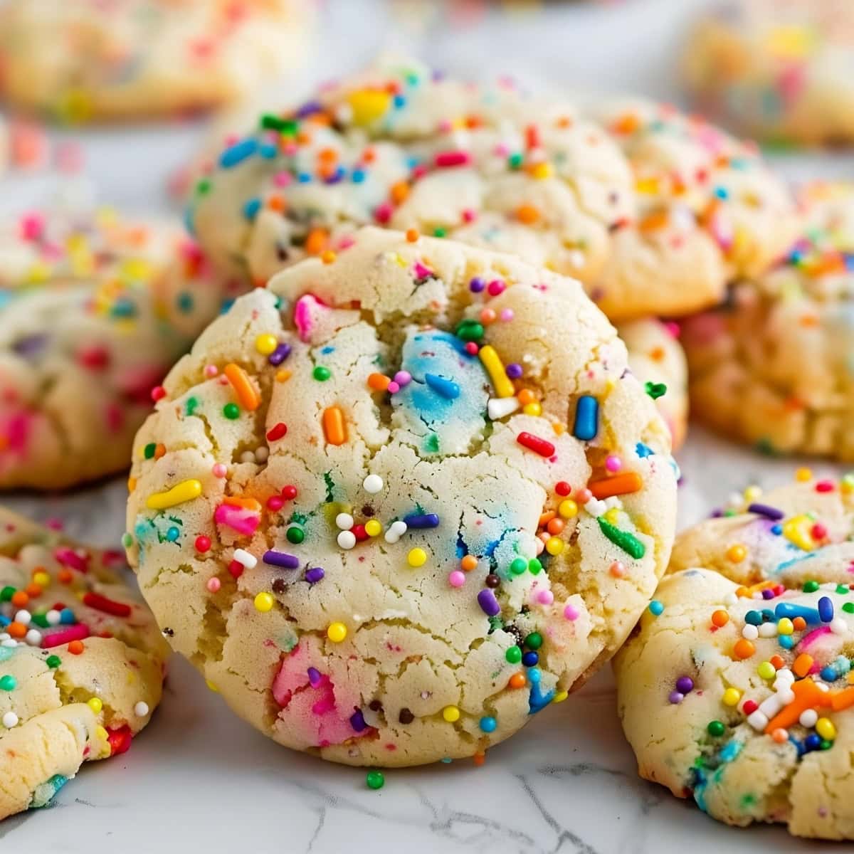 A close-up of Funfetti cake mix cookies with sprinkles scattered around them.