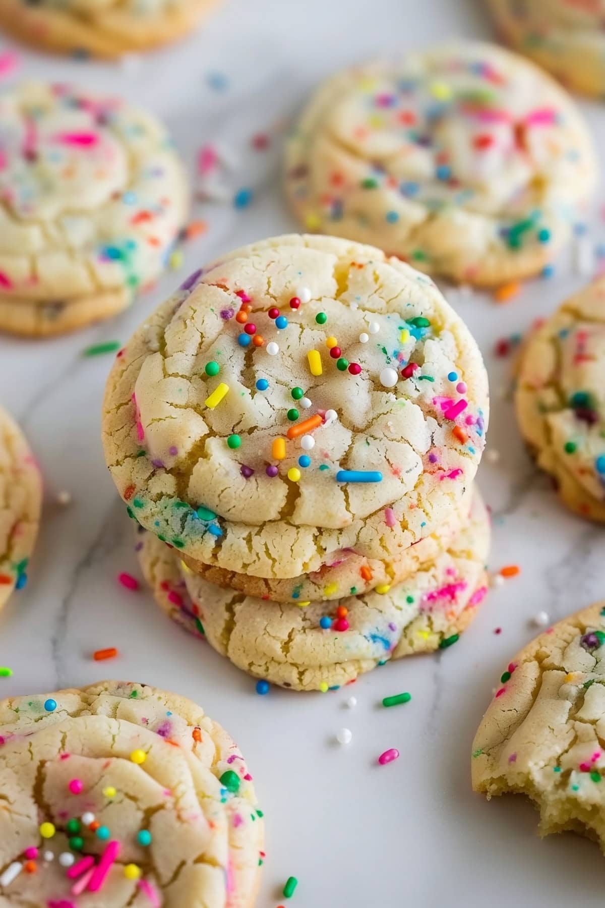 A close-up of a stack of soft, chewy funfetti cake mix cookies.