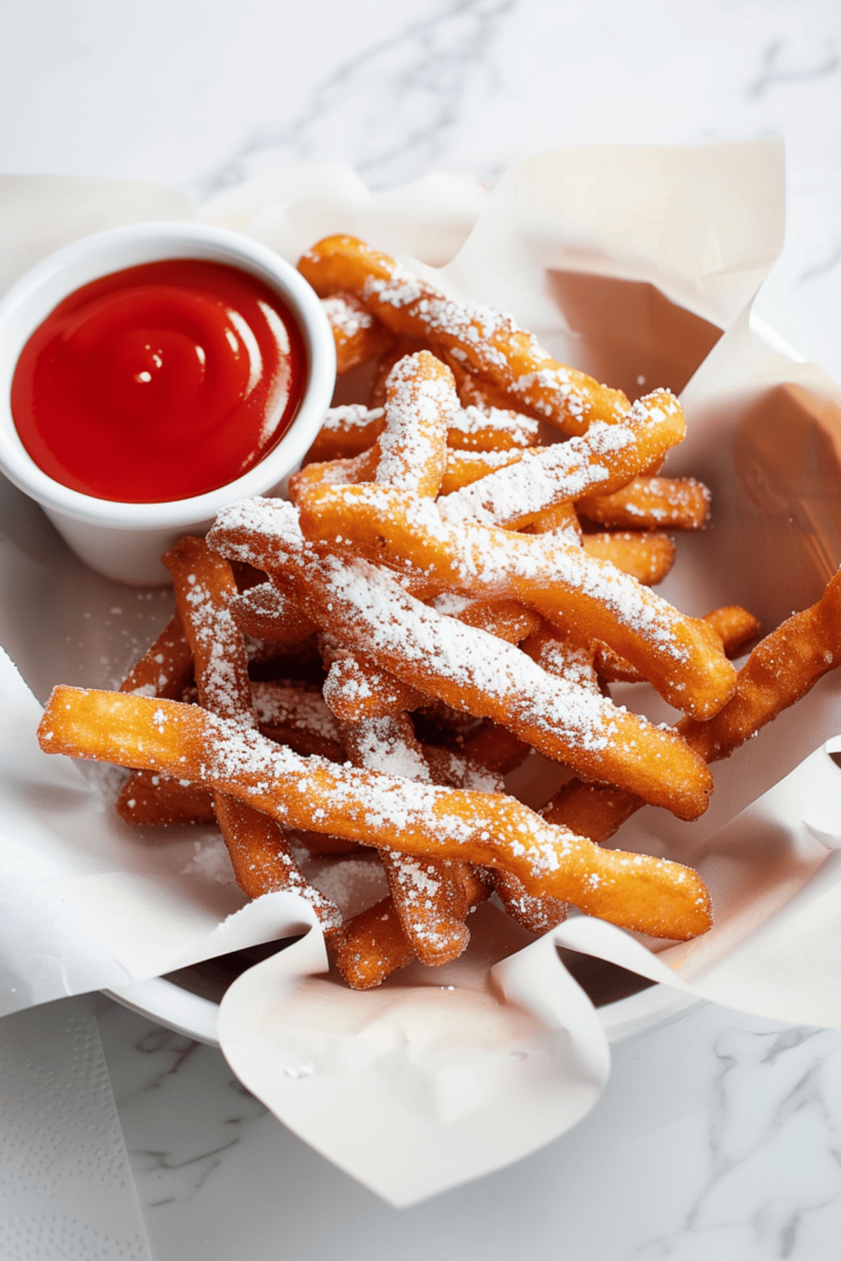 Homemade funnel cake fries, fried to perfection and served with a sprinkle of powdered sugar