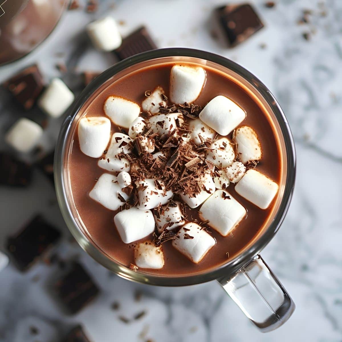 Top View Ghiradelli Hot Chocolate with Marshmallows and Chocolate Shavings