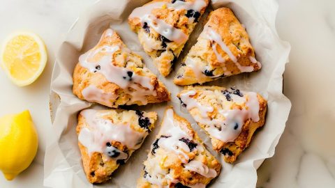 Moist and flavorful Lemon Blueberry Scones with glaze, overhead view.