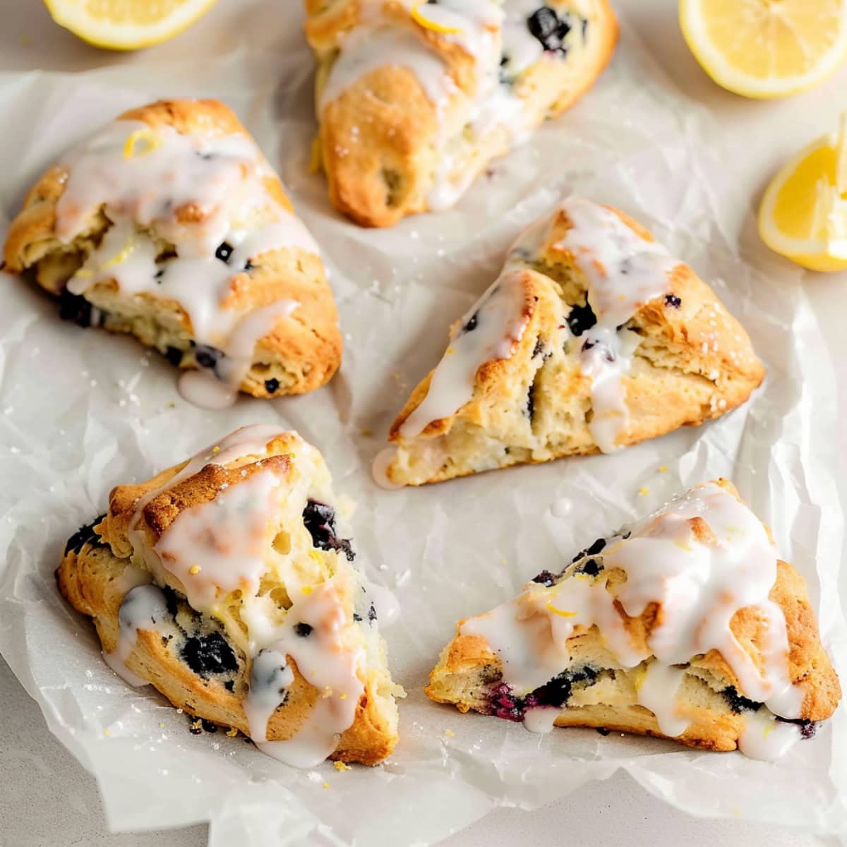 Freshly baked lemon blueberry scones on a white parchment paper.