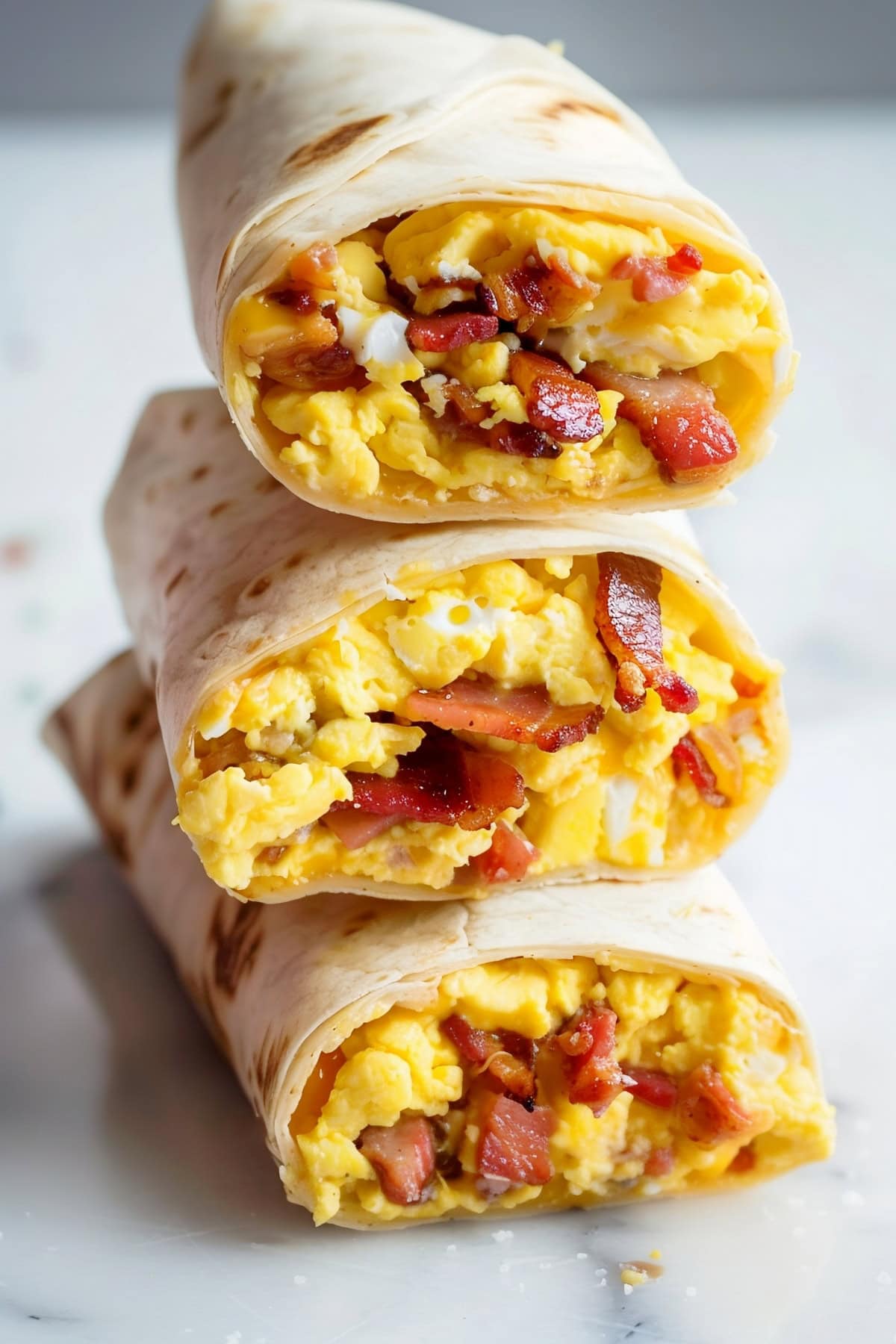 A breakfast wrap filled with crispy bacon, scrambled eggs, and melted cheese.