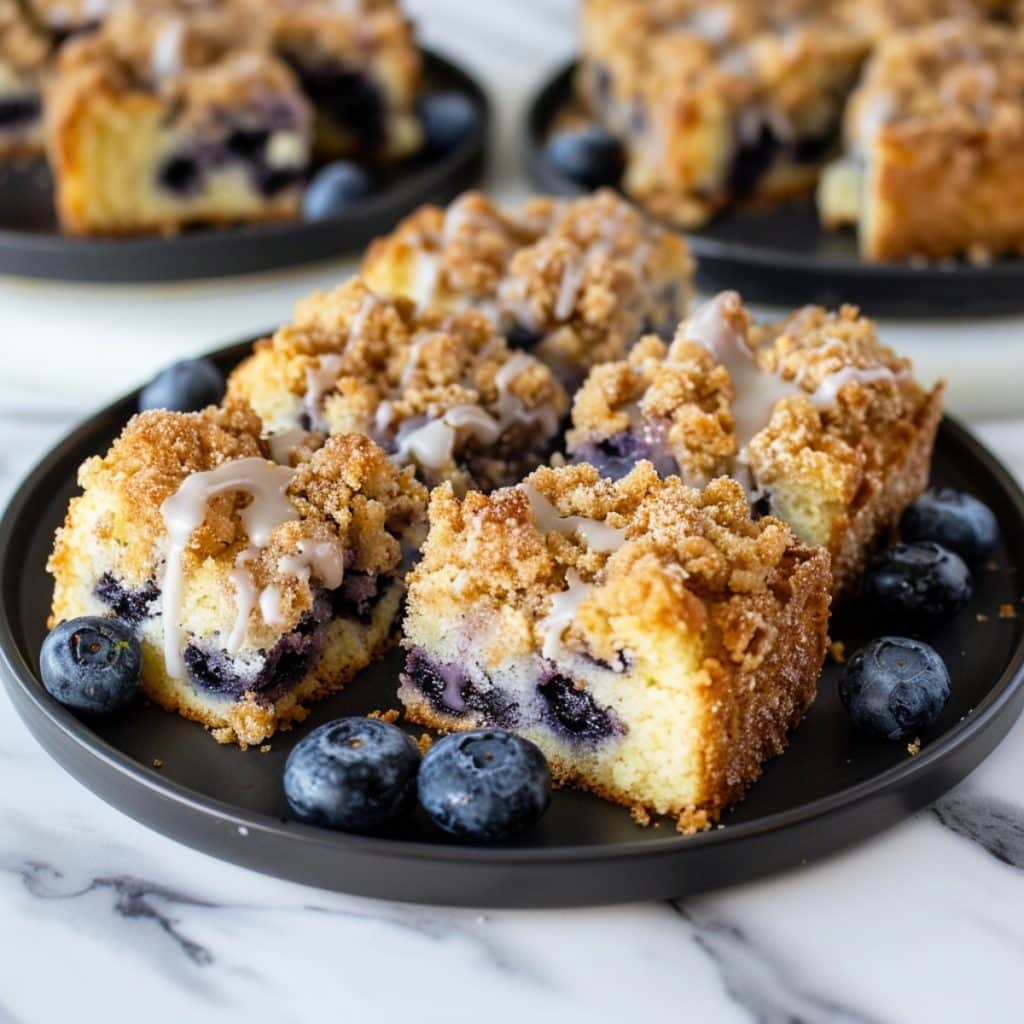A plate of coffee cake with fresh blueberries and crumb top