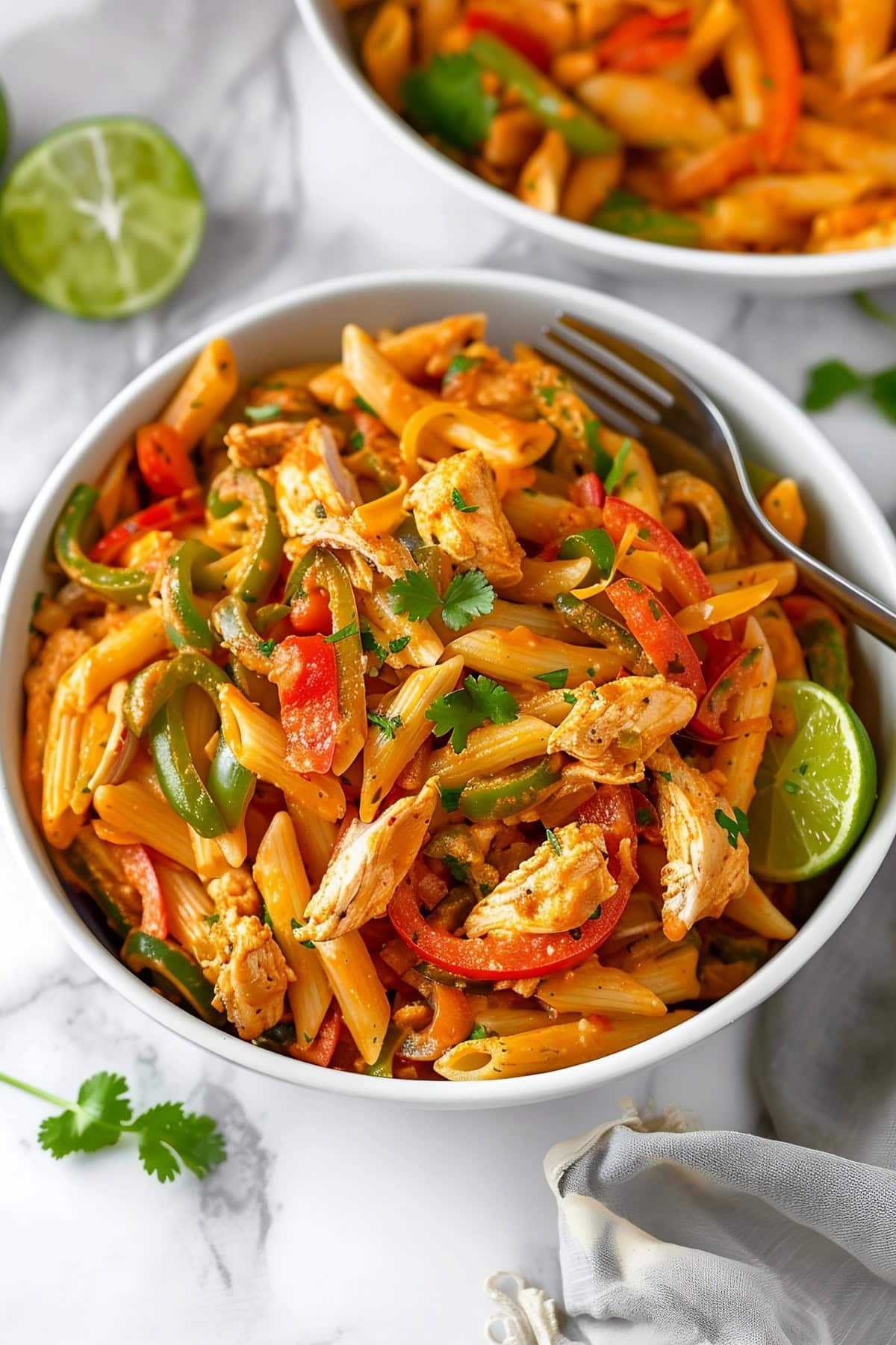 Homemade chicken fajita pasta with green and red bell peppers, garnished with lime