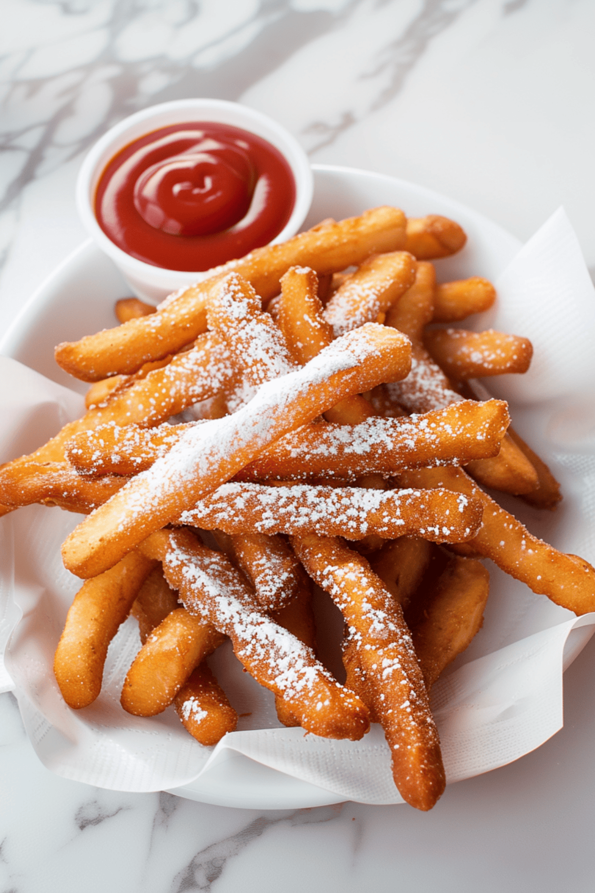 Crispy and golden homemade funnel cake fries with powdered sugar