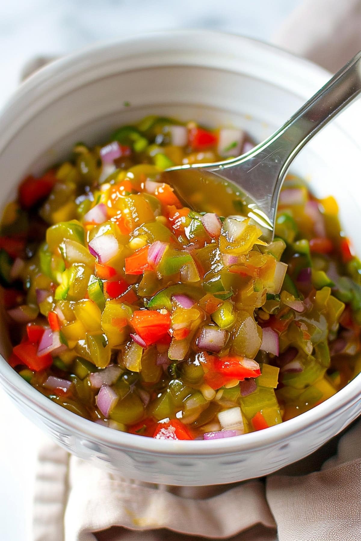 Zesty pepperoncini relish, bursting with tangy flavor and a hint of spice