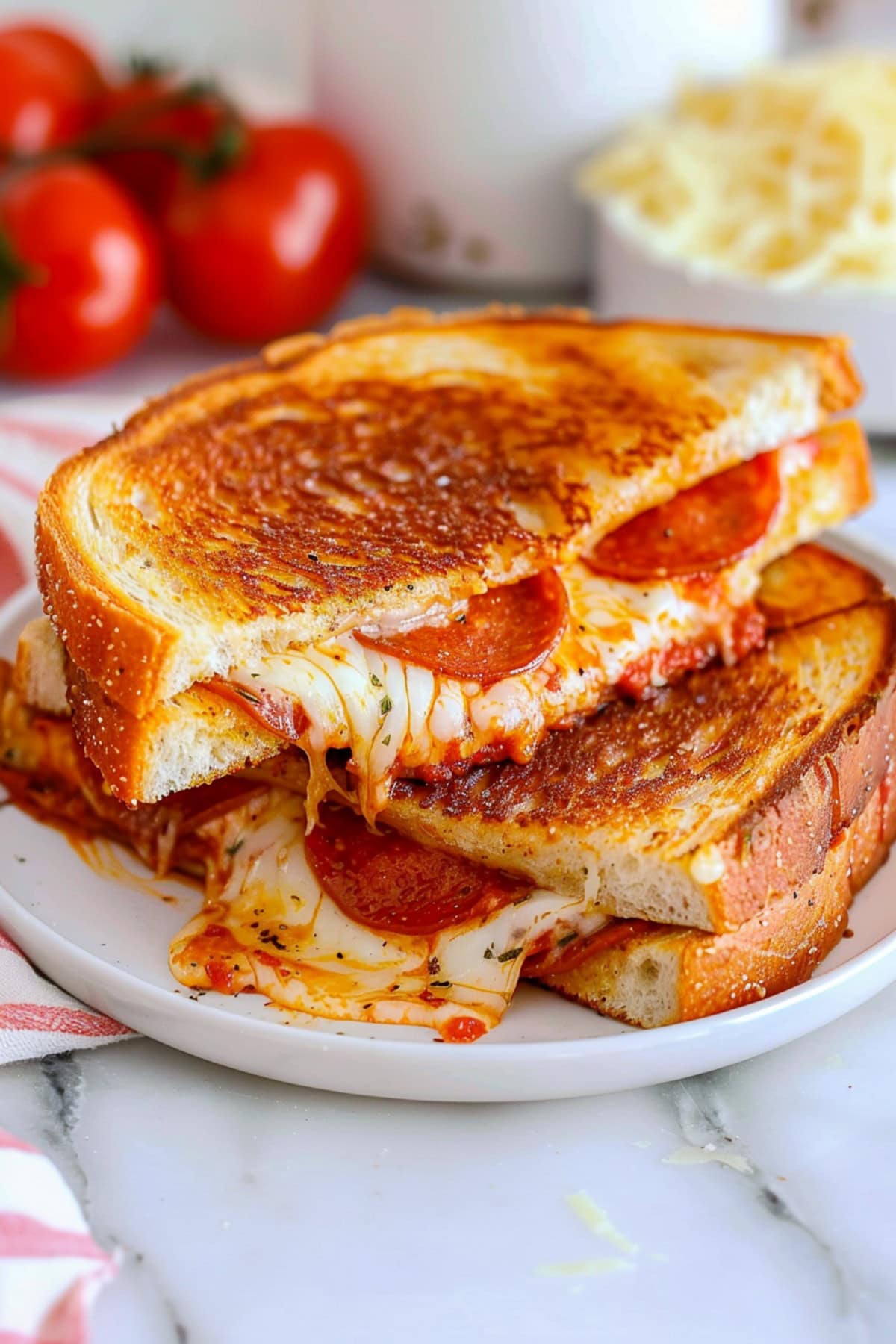 Cheesy homemade pizza grilled cheese with pepperoni in a white plate