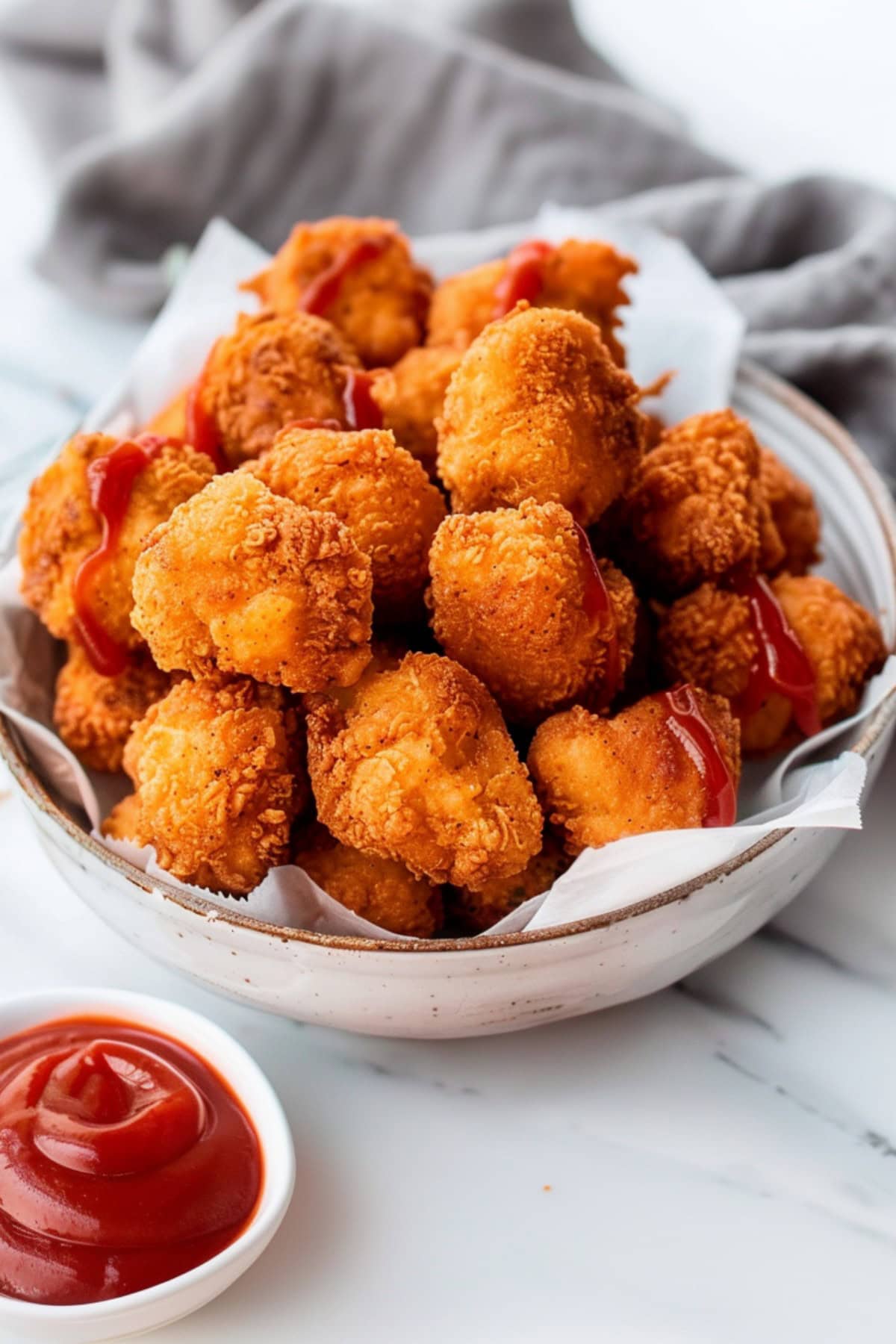 Homemade popcorn chicken served with ketchup
