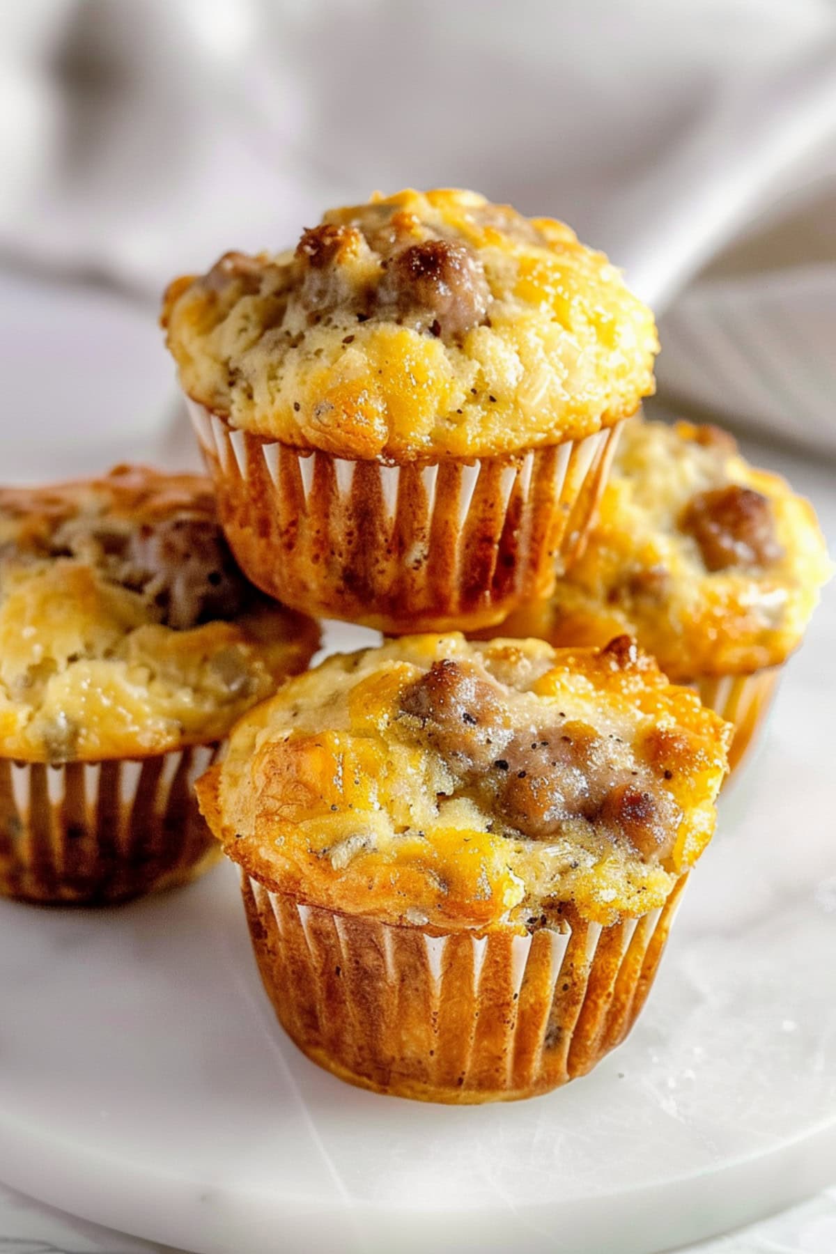 Stacked sausage muffins made with cheese and eggs