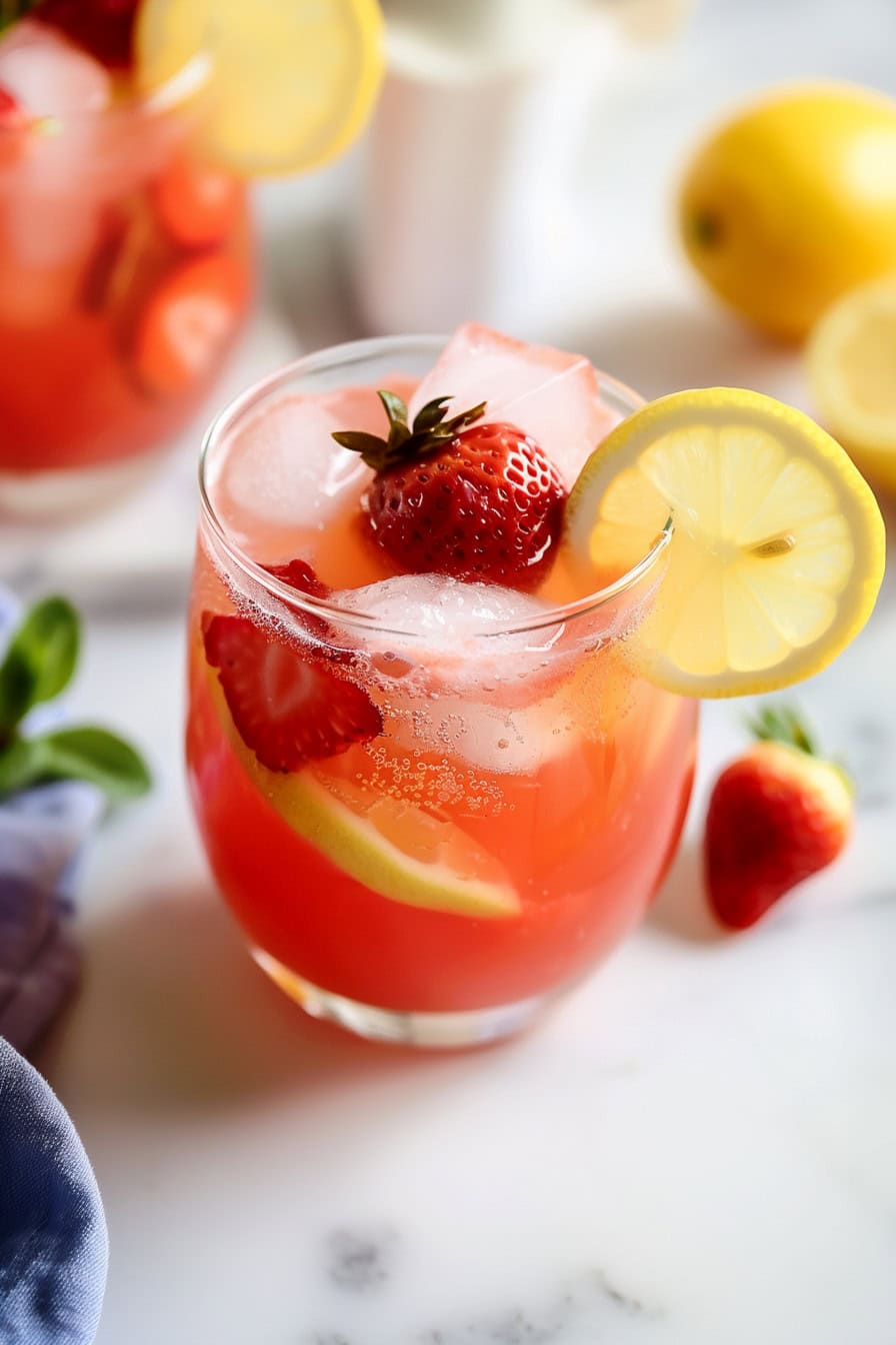A refreshing glass of strawberry lemonade garnished with fresh strawberries and a lemon slice