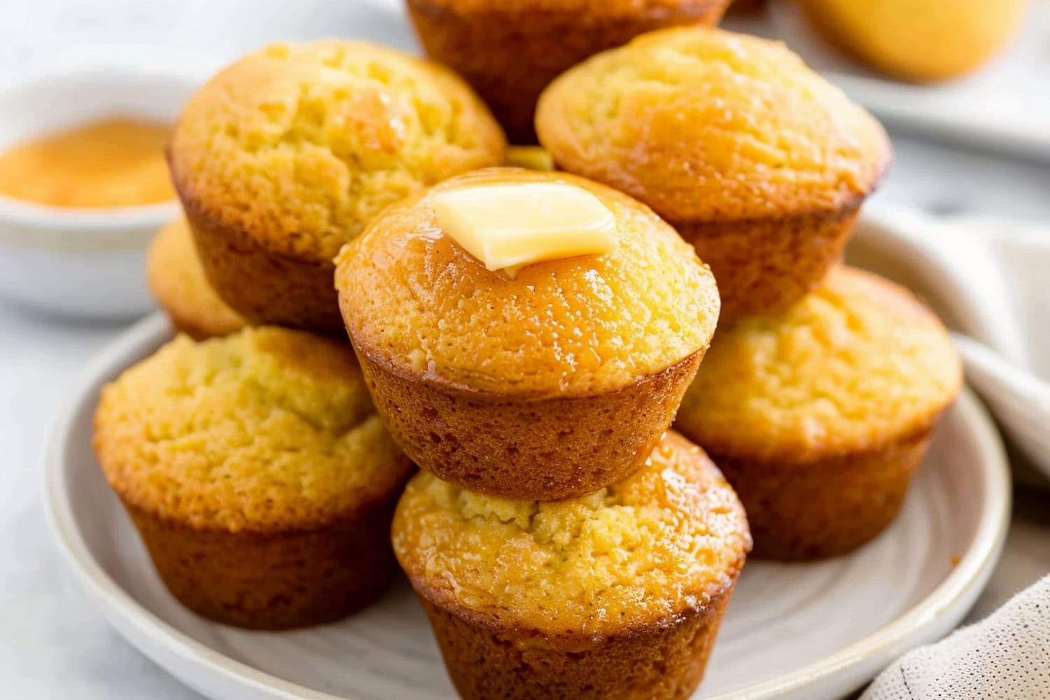Sweet and comforting honey cornbread muffins stacked on top of each other in a white plate